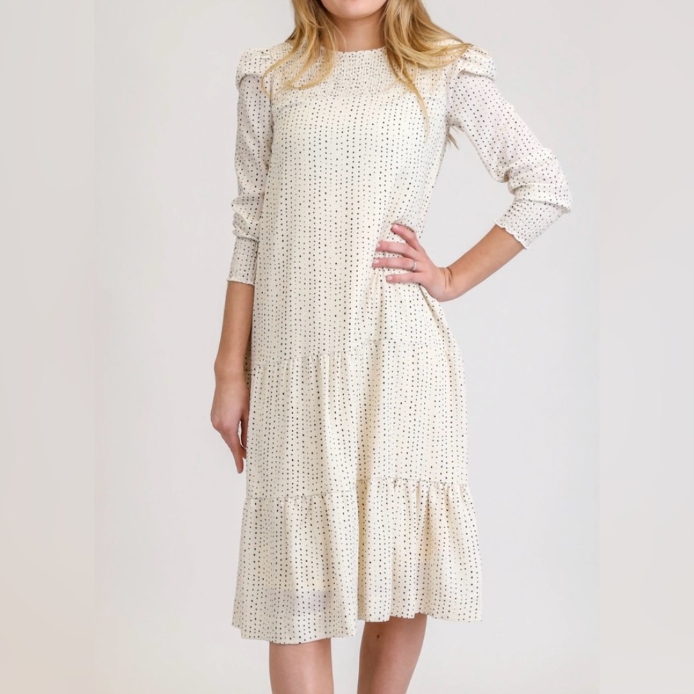 White Midi Sundress with polka dots with Puff Sleeves